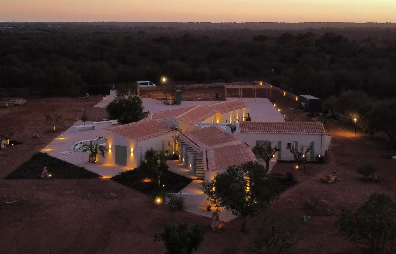 Es Revellar at dusk — aerial view