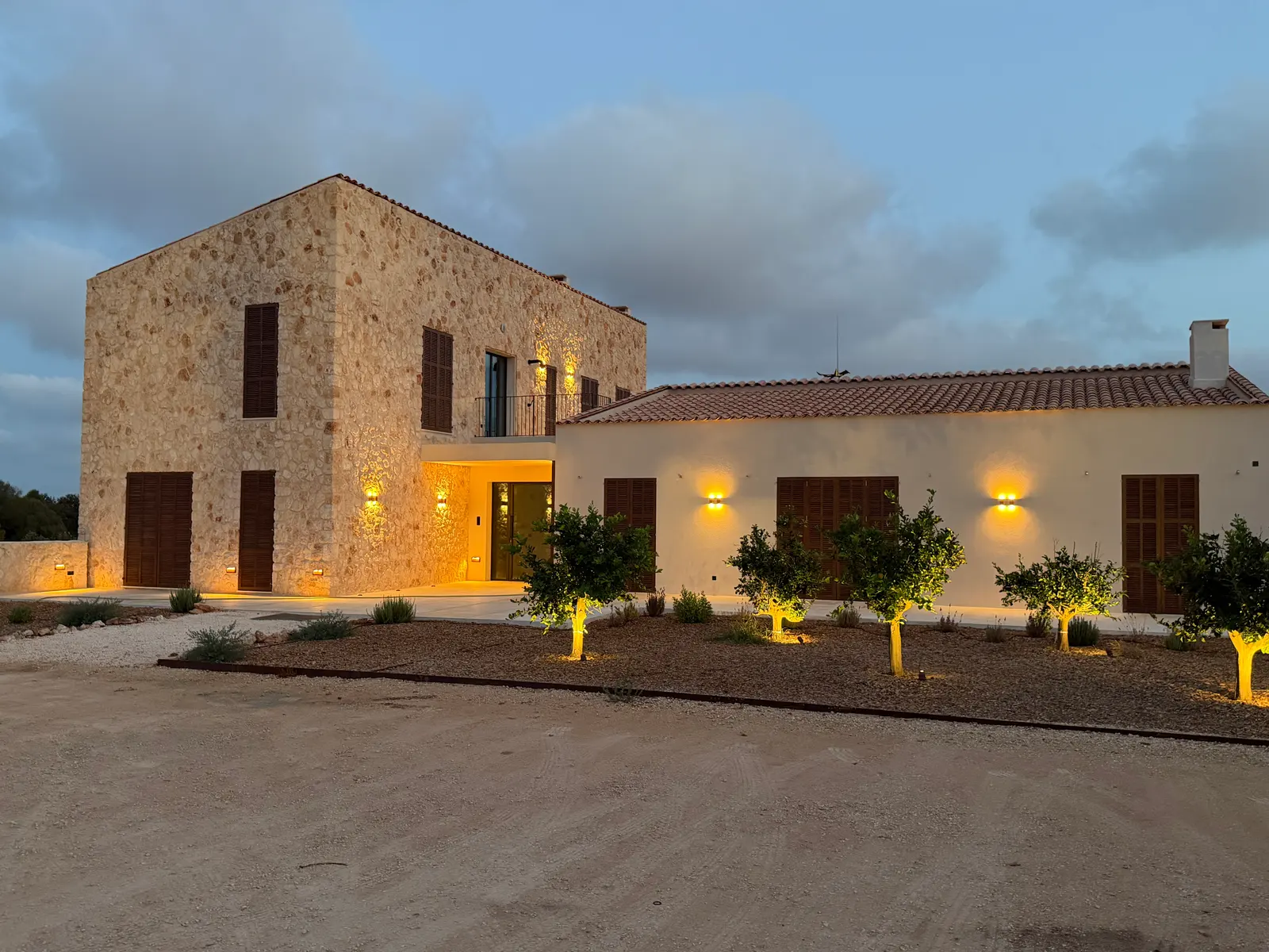 Natural stone and lime façade at blue hour