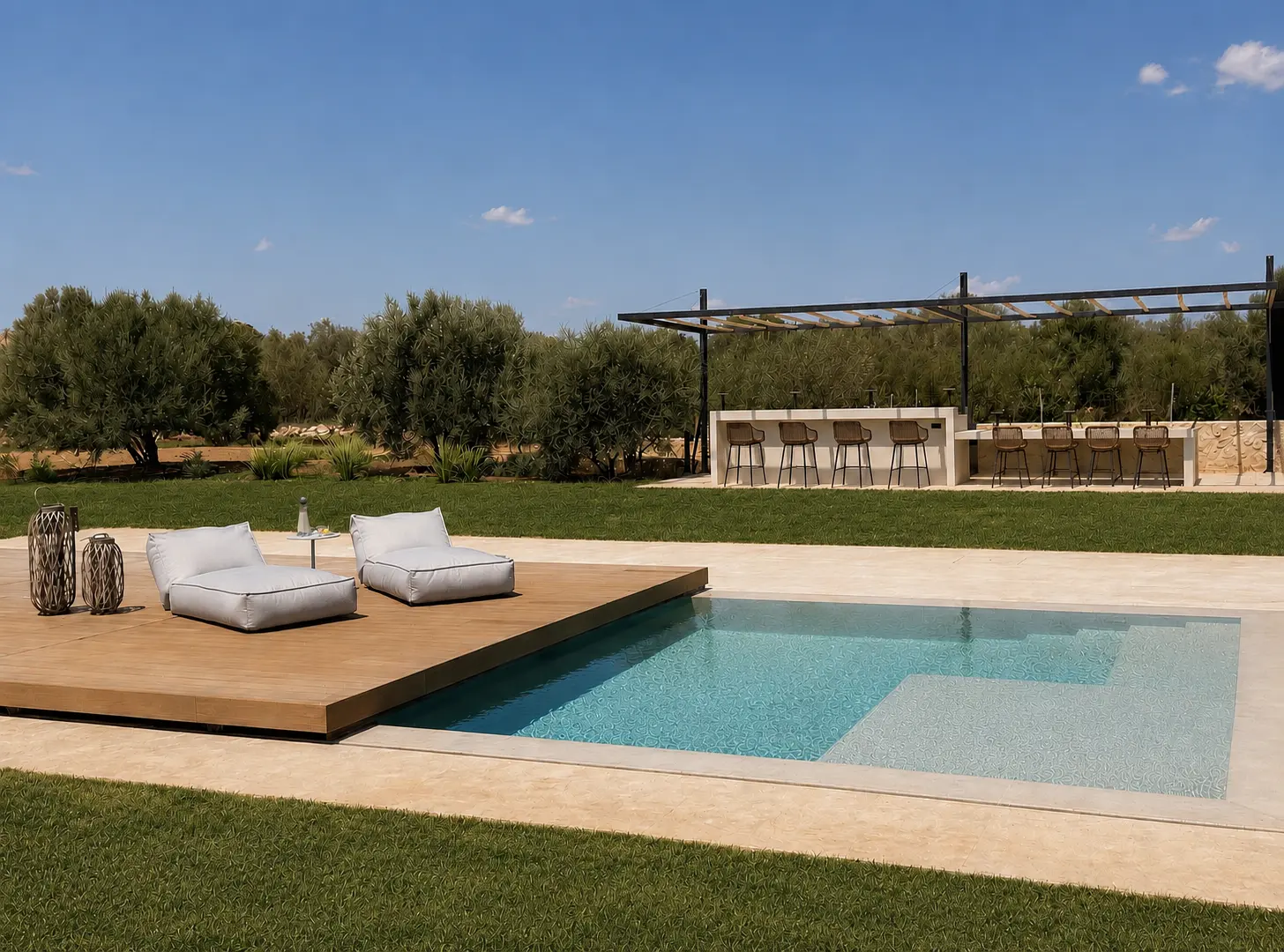 Pool with sun deck and outdoor bar