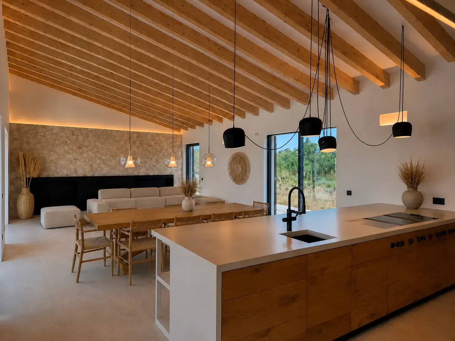 Open living kitchen with timber beam ceiling