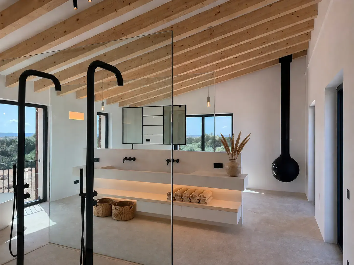 Master bathroom with fireplace and view