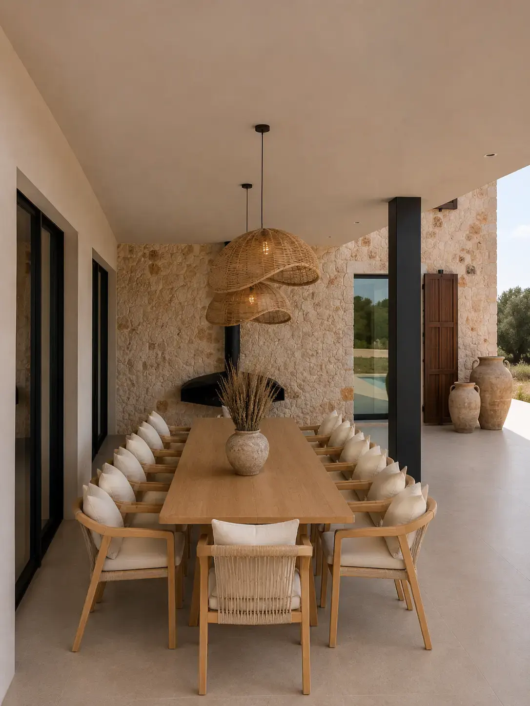 Covered terrace with long dining table