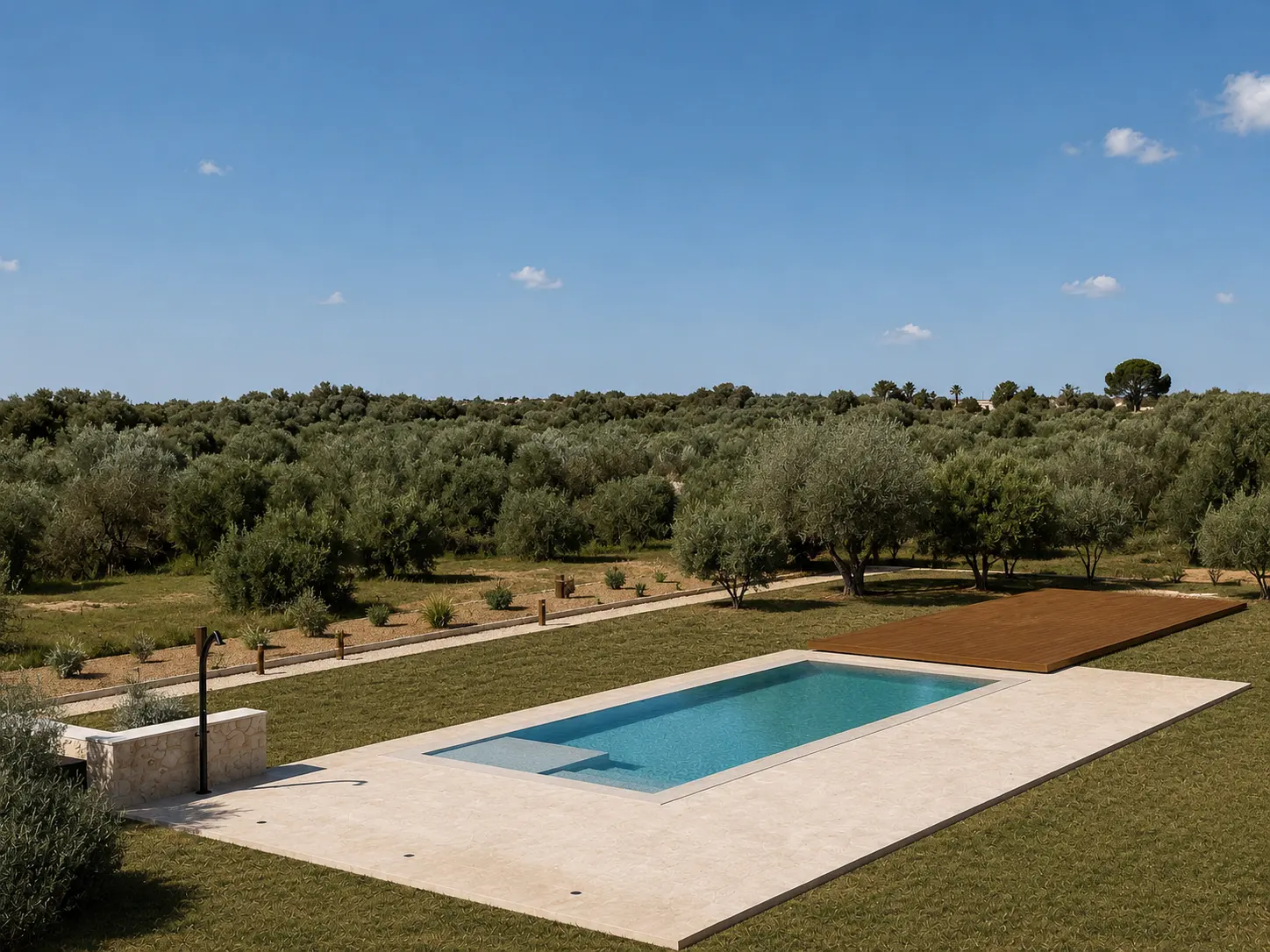 Pool with wooden deck in the olive grove