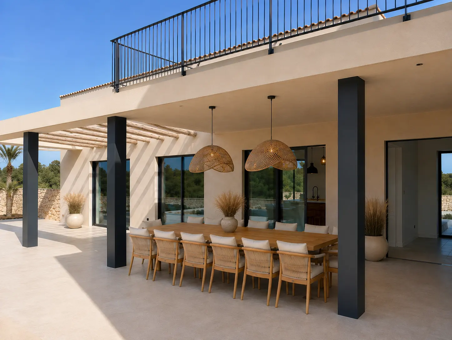 Covered terrace with long dining table and rattan pendants