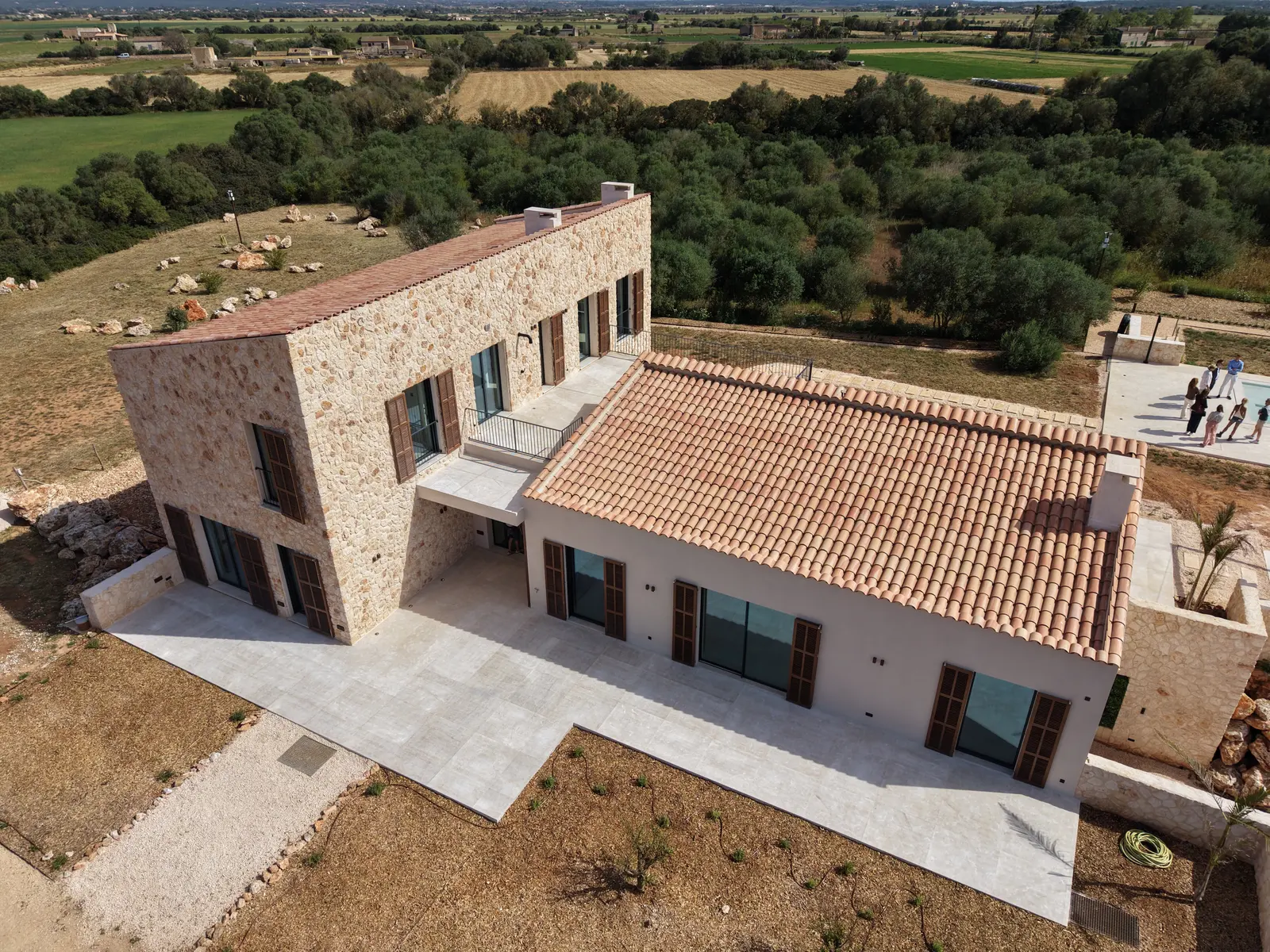 Stone facade and terraces from above