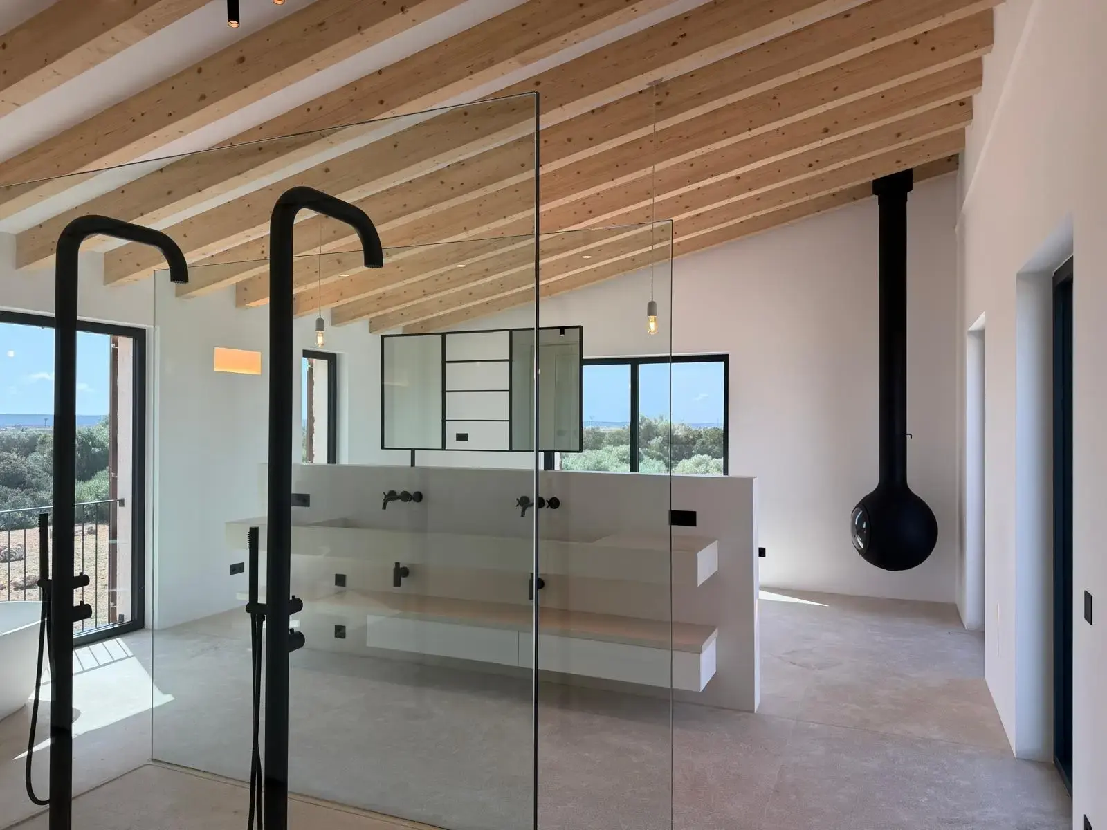 Kitchen with freestanding fireplace