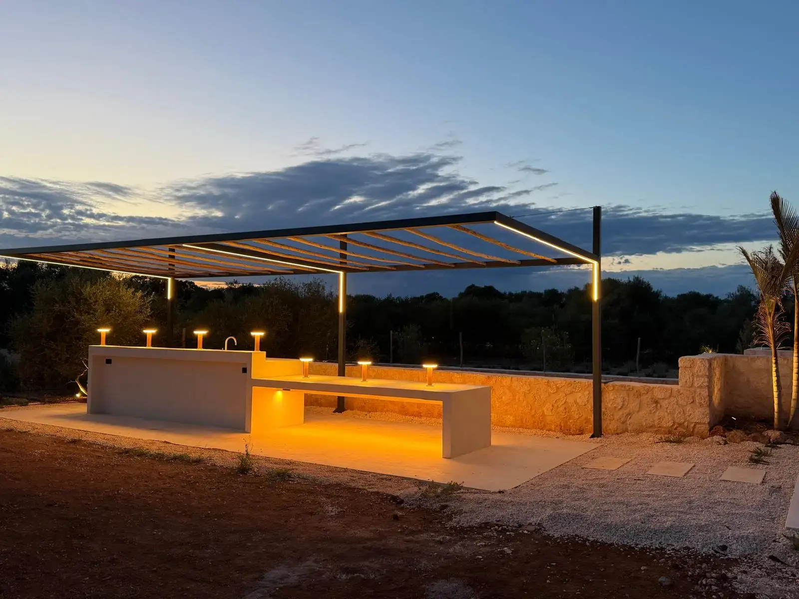 Outdoor kitchen at dusk